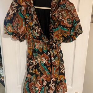 Brown and Orange Wrap Tie Front Mini Sundress with Puff Sleeves